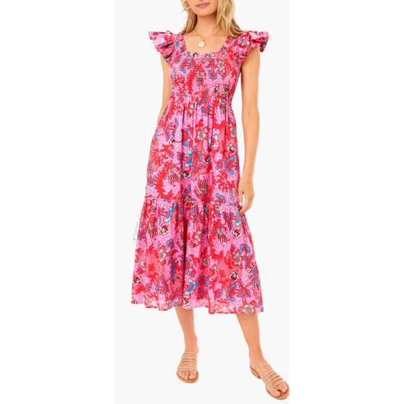 Tuckernuck Dresses & Skirts - Tuckernuck Smocked Red Floral Mallie Ruffle Bougainvillea Breeze Midi Dress S